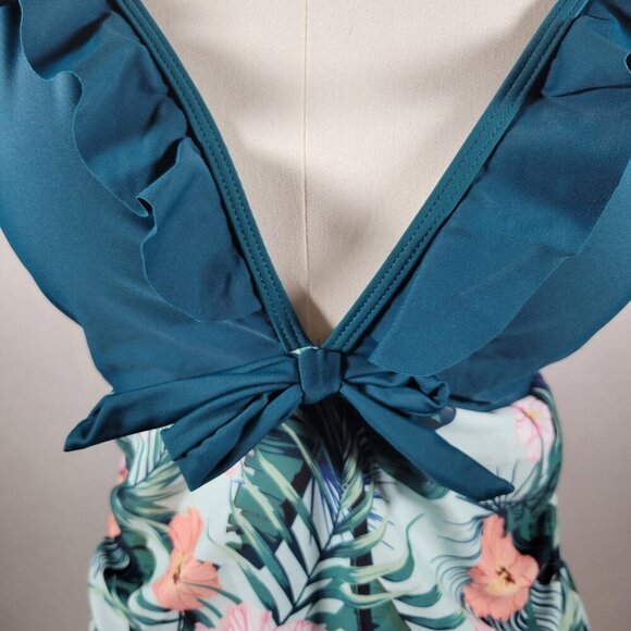 Pat Pat Green One Piece Tummy Control Tropical Floral Ruffle Sleeve Size XL - Picture 2 of 9